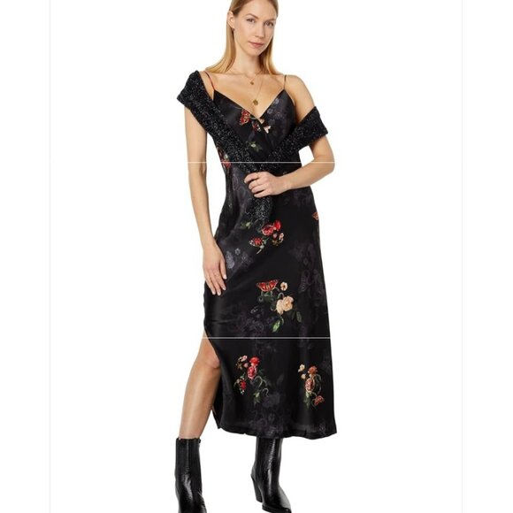 All Saints Melody Nancy Midi Dress Silk Blend Floral Sz 6 Cocktail Edgy Goth - Picture 1 of 13
